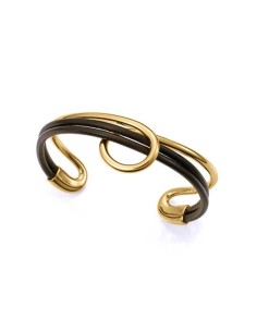 Pulsera de mujer de acero dorado y piel negra