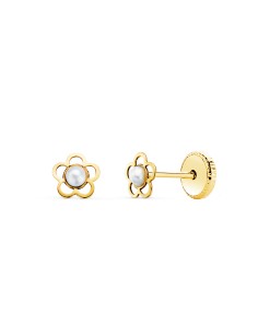 18K PENDIENTES BEBÉ ORO FLOR CALADA CON PERLA 2 MM