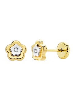 18K PENDIENTES BEBÉ FLOR ORO BICOLOR 6X6 MM